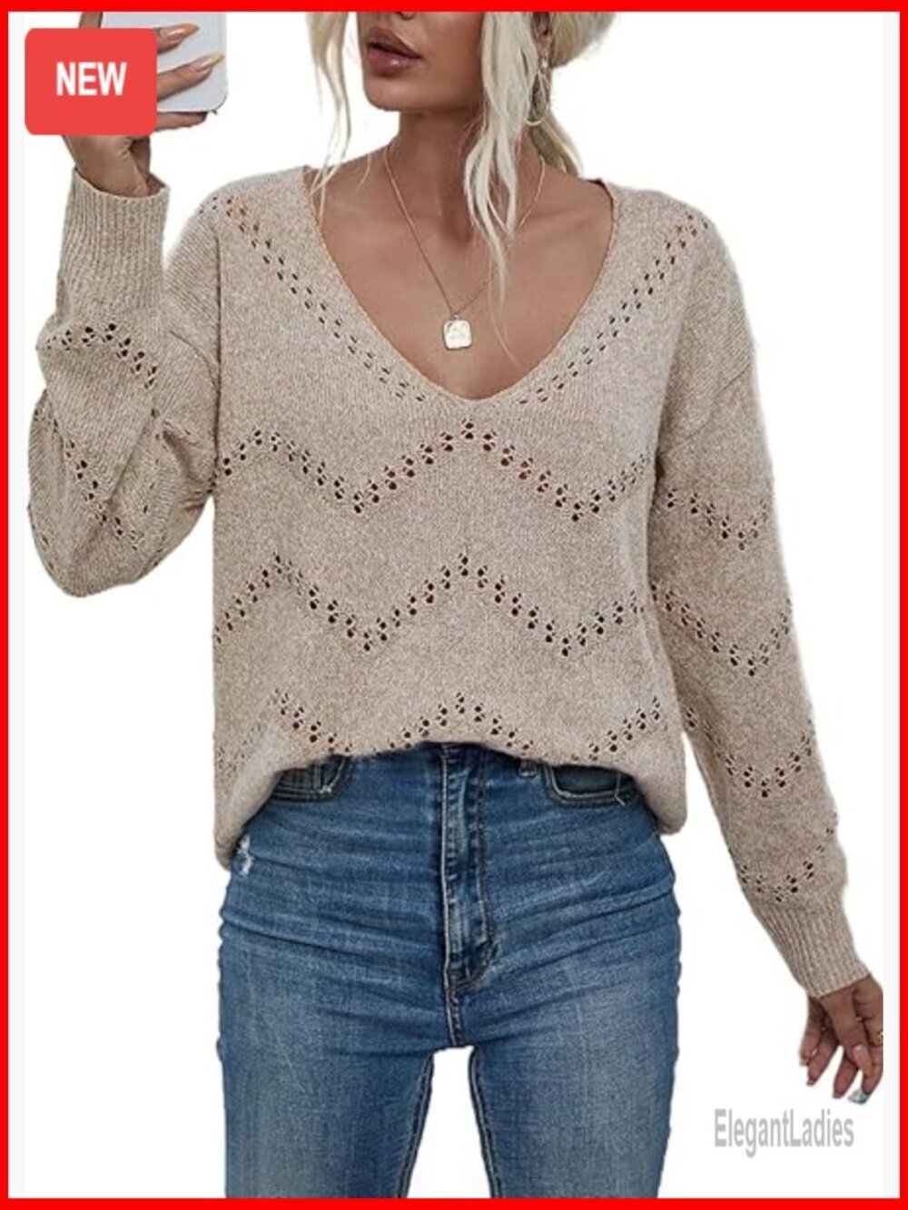 Crochet Pullover Sweater Long Sleeve V-Neck Lightweight Stretchy Knit Top